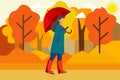 A woman in an autumn park with an umbrella in her hands. Young woman walking alone, autumn landscape