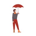 Woman in autumn warm clothes holding umbrella flat vector illustration isolated.