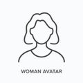 Woman avatar flat line icon. Vector outline illustration of adult woman. Black thin linear pictogram for lady
