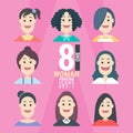 8 Woman Avatar icons.Variety of Young People vector illustration - set 1