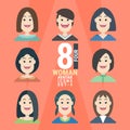 8 Woman Avatar icons.Variety of Young People vector illustration - set 4