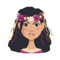 Woman avatars with emotions. Girl with spring or summer flowers and a wreath in black hair