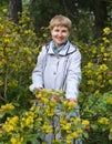 The woman of average years costs among the blossoming bushes of a trailing mahonia