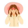 Woman with awful headache and migraine. Exhausted, stressed, overworked woman, suffering from pain, pressing hands to