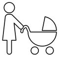 Woman with baby carriage. Mother with pram line icon