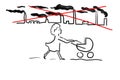 A woman with a baby carriage walks against the background of smoking factory chimneys crossed out with red lines