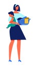 Woman with Baby in Hand Hold Basket with Laundry.