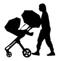 Woman with baby and pram silhouette isolated on white background, vector of baby carriage. Royalty Free Stock Photo