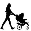 Woman with baby and pram silhouette isolated on white background, vector of baby carriage. Royalty Free Stock Photo