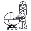 Woman with baby stroller vector line icon, sign, illustration on background, editable strokes Royalty Free Stock Photo