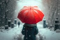 Woman from the back holding red umbrella in the snow 3D rendering Royalty Free Stock Photo