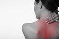 Woman back pain neck pain. Back view. Copycpase