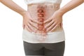 Woman in back pain from spinal injury wearing lumbar brace corset