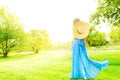 Woman Back Rear View In Nature, Beautiful Elegant Girl in Long Blue Dress Hat in Summer Park Royalty Free Stock Photo