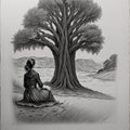 woman back sitting in front of tree sketched drawing yellow paper AI Generated Royalty Free Stock Photo