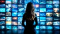 Woman Back View Analyzing Data On Multiple Screens In A Modern Monitoring Room, Big Data Concept Royalty Free Stock Photo