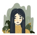 Woman on the background of dried withered plants. Concept of depressive disorder. Portrait of unhappy suffering girl.