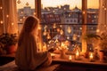 woman young romantic meditation city beauty person night home lifestyle candle. Generative AI.