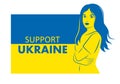 Woman on the background of the Ukrainian flag, support for Ukraine, poster, web banner