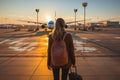 A woman with a backpack on airport. Backside view. Planes on the background