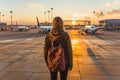 A woman with a backpack on airport. Backside view. Planes on the background
