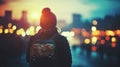 Woman Backpack City Lights Evening Sunset View Royalty Free Stock Photo