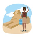 Woman with backpack and global map to travel to egypt sculture