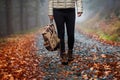 Woman with backpack and hiking boot walking on trail in autumn forest Royalty Free Stock Photo