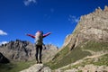 Woman with backpack hiking in mountains travel lifestyle success concept Royalty Free Stock Photo