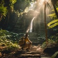 woman with backpack on hiking trail near waterfall in jungle, light beams streaming from the