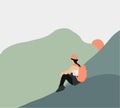 Woman with backpack sitting on a cliff looking sunset. Minimalist style,
