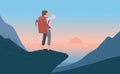 Woman with backpack standing his back of mountain and looking on sea, sunrise. Concept of hiking, adventure tourism