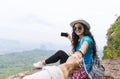 Woman With Backpack Take Photo Of Landscape From Mountain Top On Cell Smart Phone Holding Man Hand Royalty Free Stock Photo