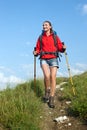 Woman with backpack and trekking poles