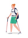 Woman with backpack on trip semi flat color vector character