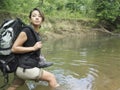 Woman With Backpack Walking In Forest Water