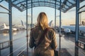 A woman with a backpack walking towards an airport. Backside view. Planes on the background