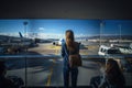 A woman with a backpack walking towards an airport. Backside view. Planes on the background