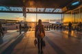 A woman with a backpack walking towards an airport. Backside view. Planes on the background