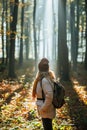 Woman with backpack walks in autumn forest with sunbeam shining through trees Royalty Free Stock Photo