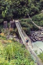 Woman backpacker crossing suspension bridge in Himalayas Nepal