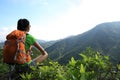 Woman backpacker enjoy the view on mountain peak Royalty Free Stock Photo