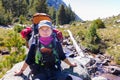 Woman backpacker sitting rock