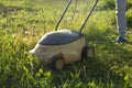 Woman in backyard mowing grass lawn mower Royalty Free Stock Photo