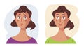Woman in bad and good mood, flat vector illustration for landing page. Girl in stress and calm state of mind. Positive and