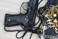 Woman bag with gun hidden, Handgun and accessories. Royalty Free Stock Photo