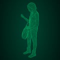 A woman with a bag on her bent hand. Vector illustration of a green luminous triangular grid on a black-and-green background.