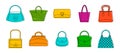 Woman bag icon set, color outline style