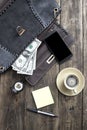 Woman bag stuff and coffee from above Royalty Free Stock Photo