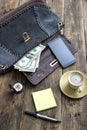 Woman bag stuff and coffee Royalty Free Stock Photo